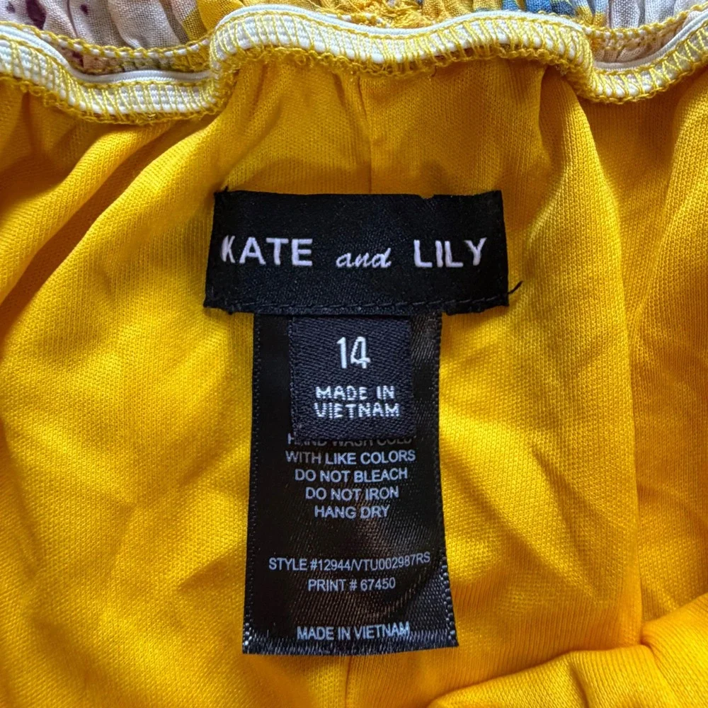 Kate and Lily Yellow Floral Maxi Dress Smocked‎ Off Shoulder Long Sleeve Size 14